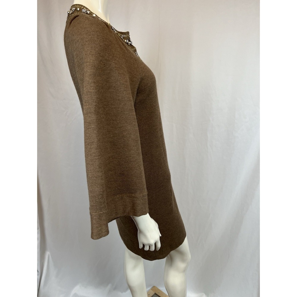 Tracy Reese Beautiful Beaded  Brown Wool Wide Sleeve Shift Dress Small Damaged - Picture 5 of 14